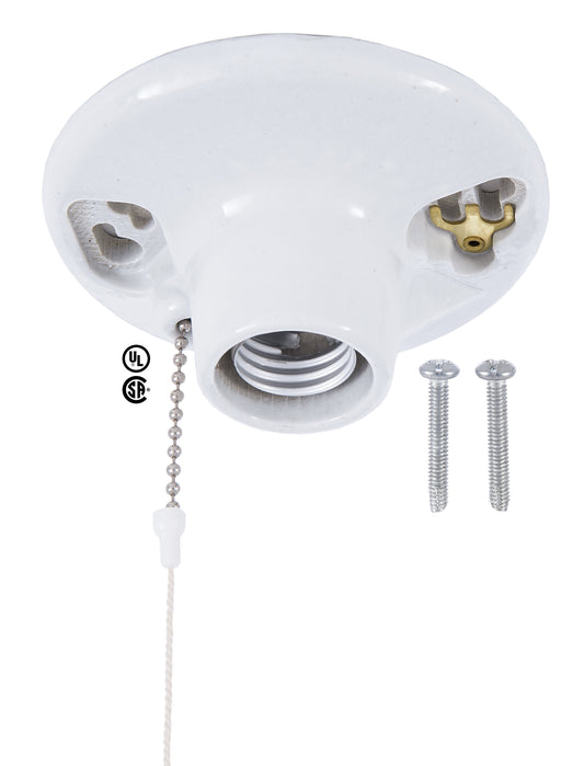 Leviton Brand Glazed Porcelain Medium Base Ceiling Receptacle With On-Off Pull Chain & Convenience Outlet