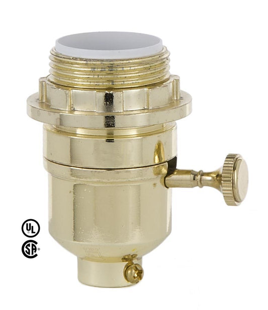 Modern Style On-Off Turn Knob Lamp Socket With Brass Plated Finish and Threaded shell with ring