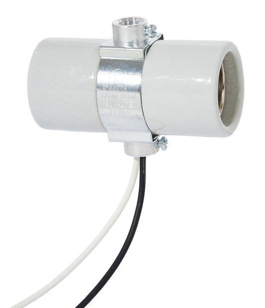 Twin E-26 Base Glazed Porcelain Socket with Double Brushing Strap, 24" Wire Leads
