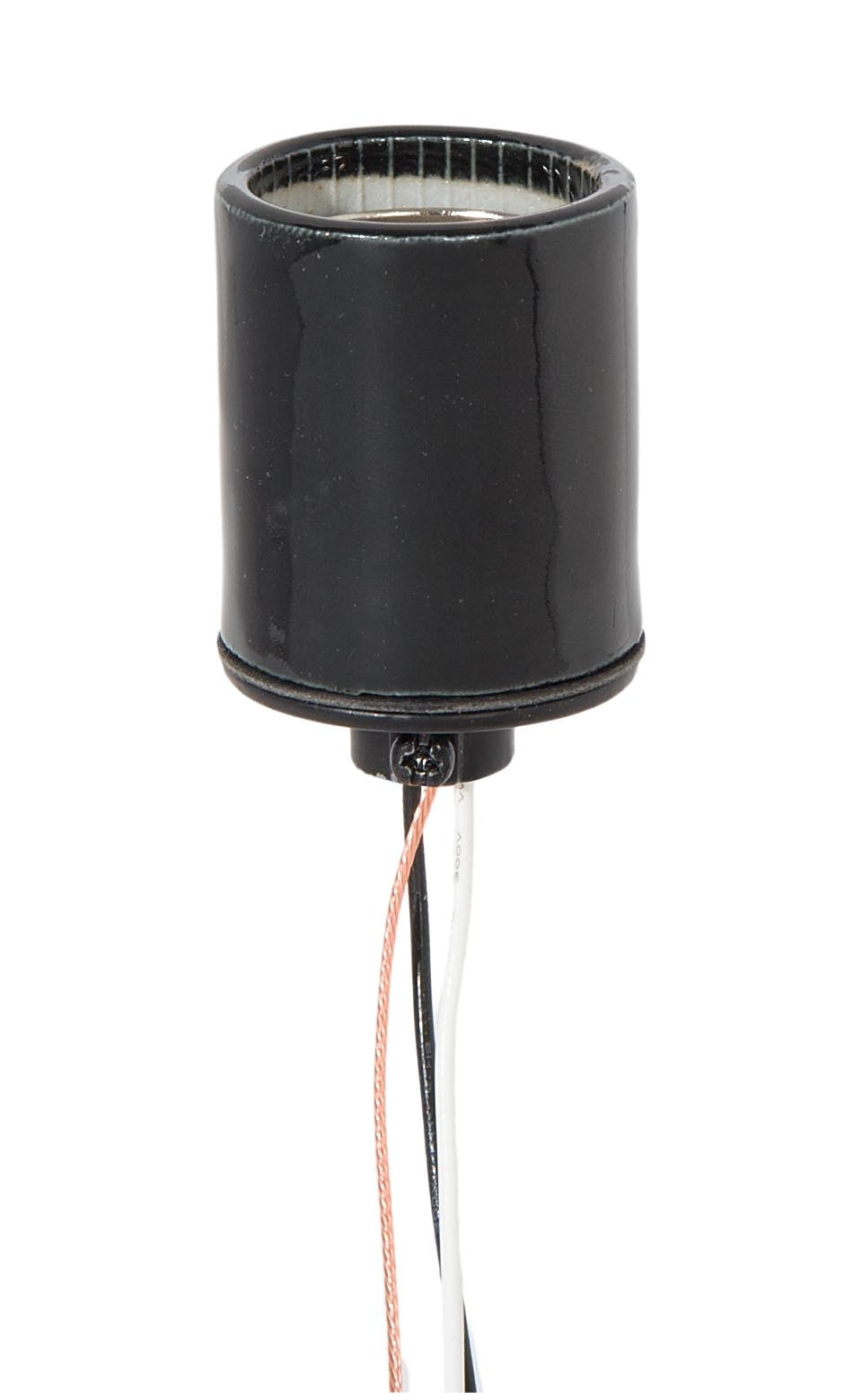 Keyless Glazed Black Porcelain E-26 Socket, Thin Wires, 1/8 IPS Metal Cap 