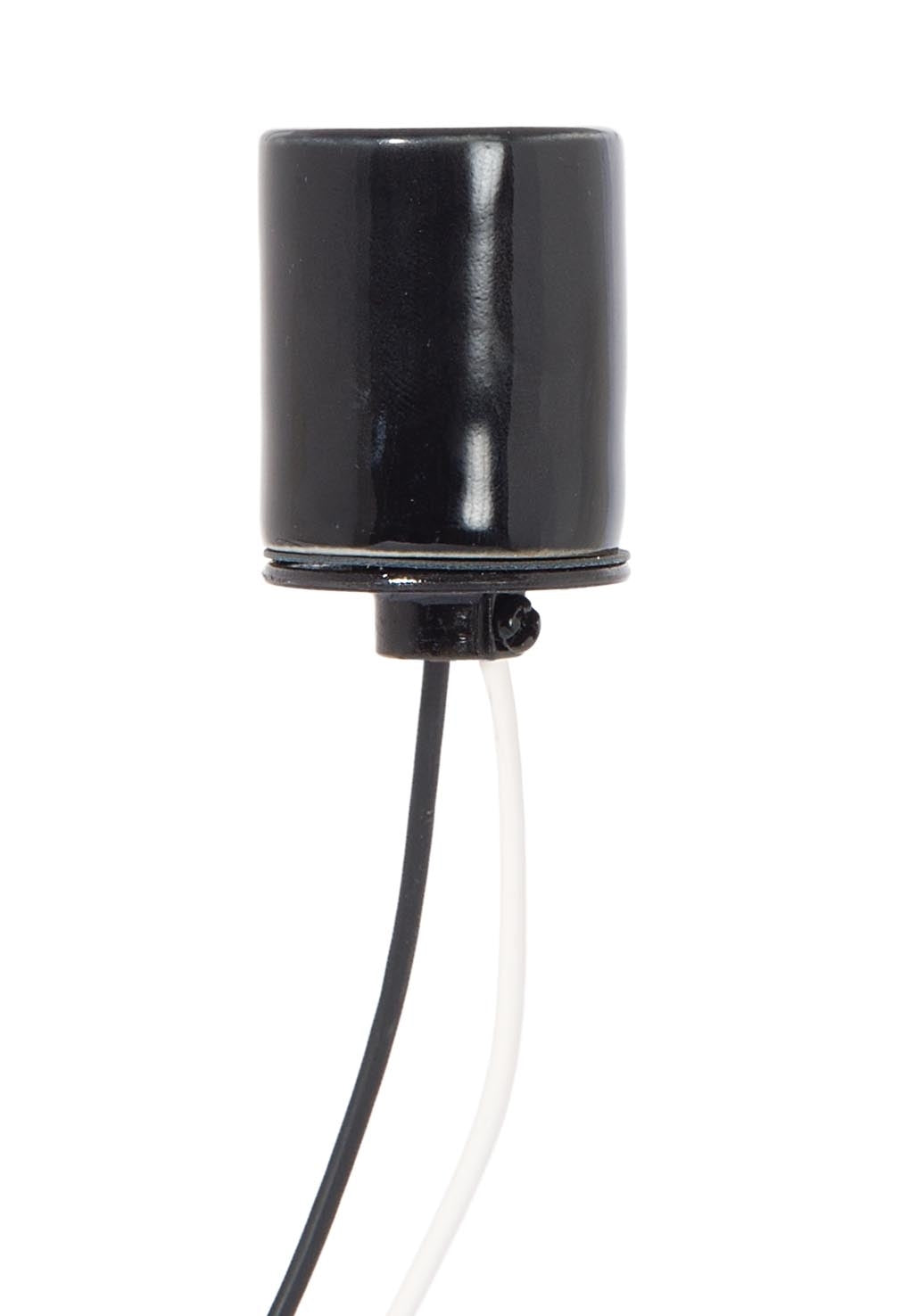 Keyless Glazed Black Porcelain E-26 Socket, Bottom 1/8 IPS Metal Cap And Wire Leads