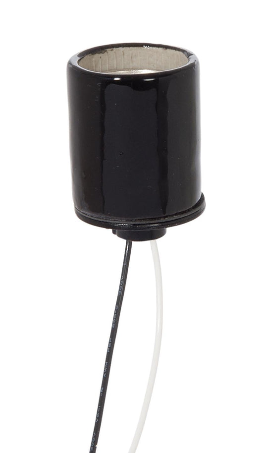 Keyless Glazed Black Porcelain E-26 Socket, 1/8IP Metal Cap, Choice of Wire Lead Length