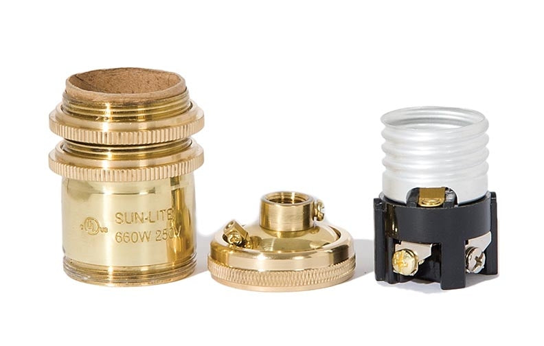 Polished and Lacquered, Tall E26 Keyless Brass Lamp Socket with Ground Screw Terminal, Long UNO Threads