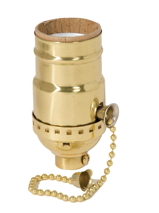 On/Off Pull Chain Solid Brass Socket, No UNO Threading, Polished and Lacquered