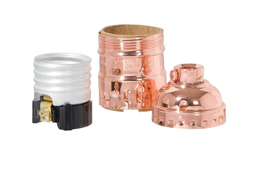 Polished Copper Finish Brass E-26 Short, Keyless Lamp Socket, w/UNO Threads