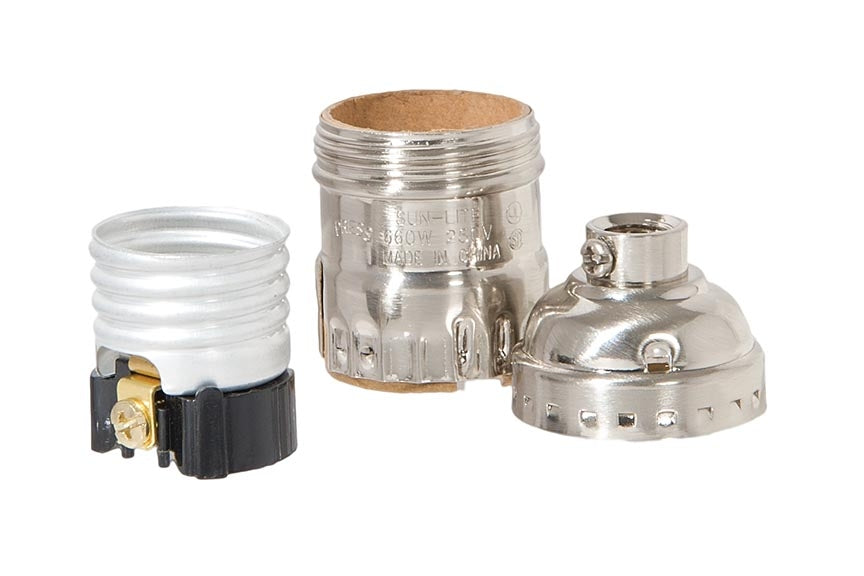 Satin Nickel Finish Brass E-26 Short Keyless Lamp Socket, w/UNO Threads