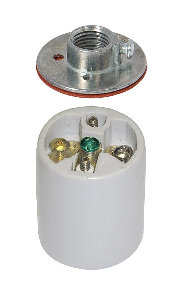 E-26 Keyless Porcelain Lamp Socket with Ground Screw and Metal Cap with 1/4 IPS Thread