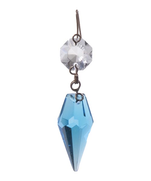 1 3/16" Light Blue Glass Prism with Clear Top Bead & Brass Pins, ~2-1/2" overall length